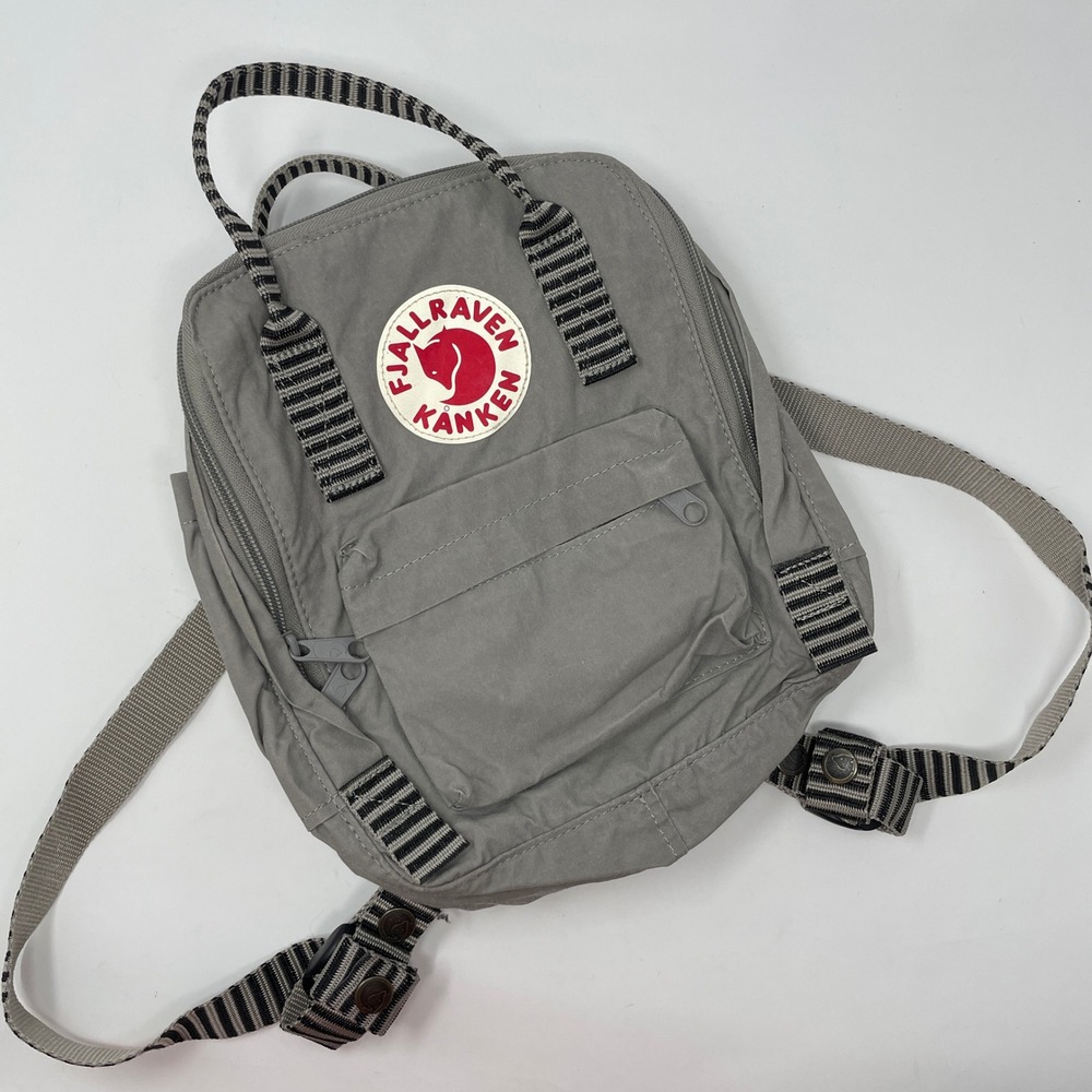 Fjallraven Kanken Mini Backpack Grey Black White Stripe Straps Urban Utility Bag
